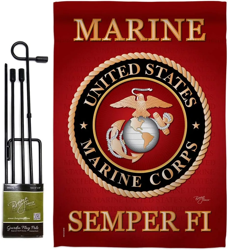 Breeze Decor Marine Corps Americana Military Veteran Decorative Gift Vertical 13" x 18.5" Double Sided Garden Flag Set Metal Pole Hardware Made in USA