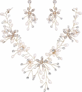 BriLove Women's Bohemian Boho Crystal Teardrop Freshwater Cultured Pearl Handmade Filigree Flower Choker Necklace Dangle Earrings Set