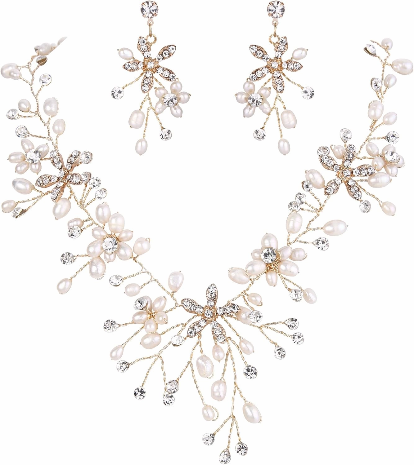BriLove Women's Bohemian Boho Crystal Teardrop Freshwater Cultured Pearl Handmade Filigree Flower Choker Necklace Dangle Earrings Set