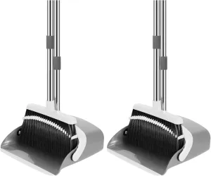 Broom and Dustpan Set, 52-in Long Adjustable Handle Broom Dustpan Combo with Dustpan Teeth to Automatically Clean Hair Suitable for Home Kitchen Office Hall Floor (Grey&White), 2 Pack