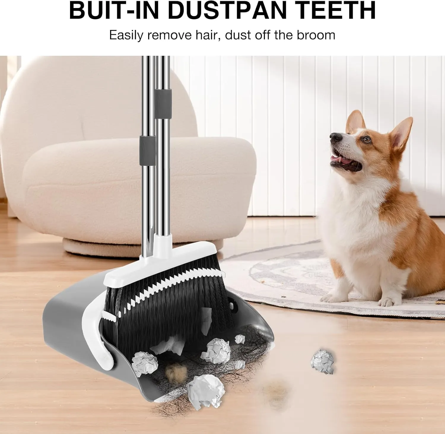 Broom and Dustpan Set, 52-in Long Adjustable Handle Broom Dustpan Combo with Dustpan Teeth to Automatically Clean Hair Suitable for Home Kitchen Office Hall Floor (Grey&White), 2 Pack