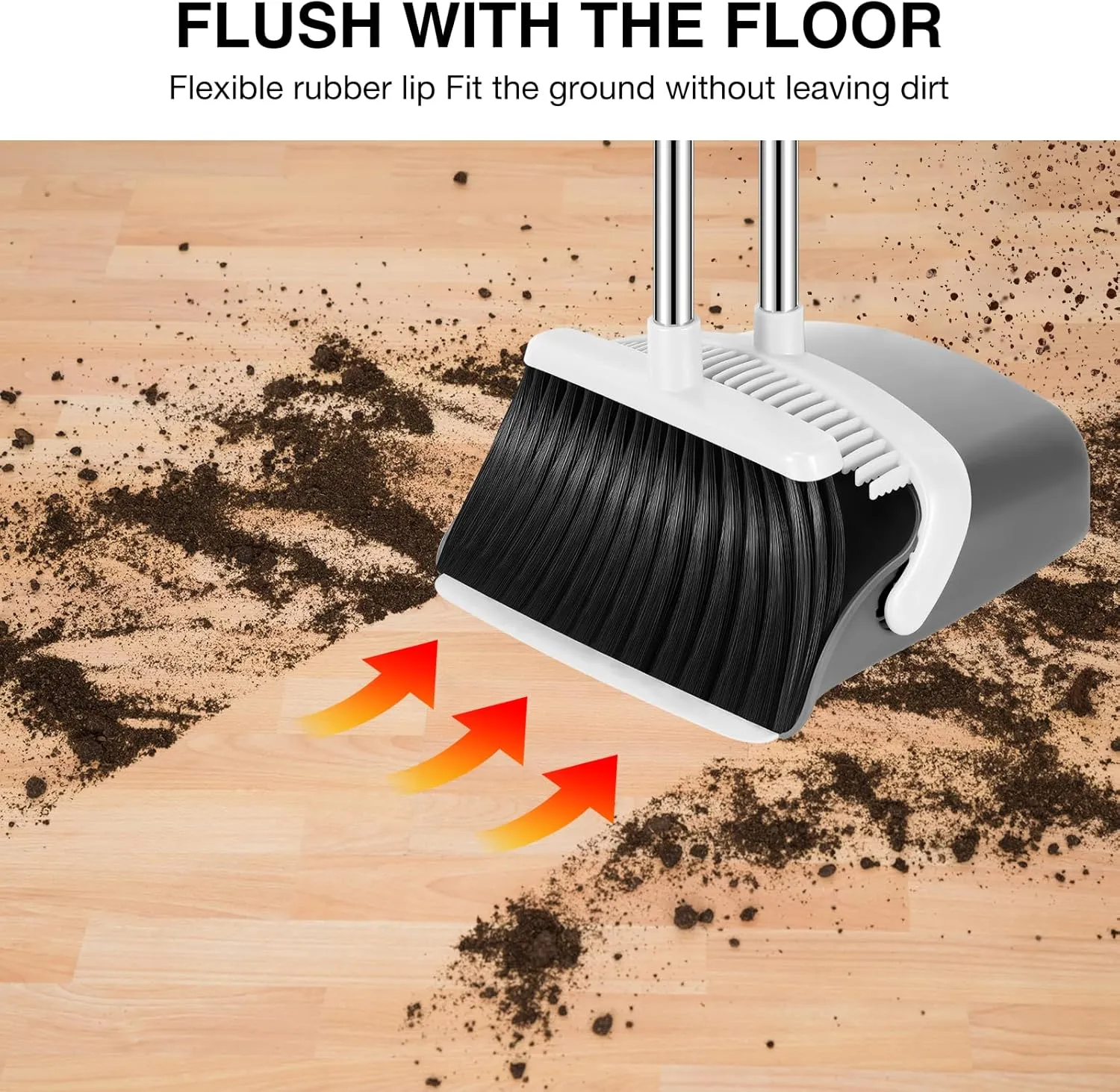 Broom and Dustpan Set, 52-in Long Adjustable Handle Broom Dustpan Combo with Dustpan Teeth to Automatically Clean Hair Suitable for Home Kitchen Office Hall Floor (Grey&White), 2 Pack