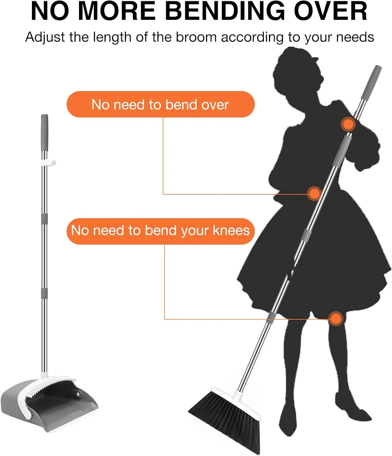 Broom and Dustpan Set, 52-in Long Adjustable Handle Broom Dustpan Combo with Dustpan Teeth to Automatically Clean Hair Suitable for Home Kitchen Office Hall Floor (Grey&White), 2 Pack