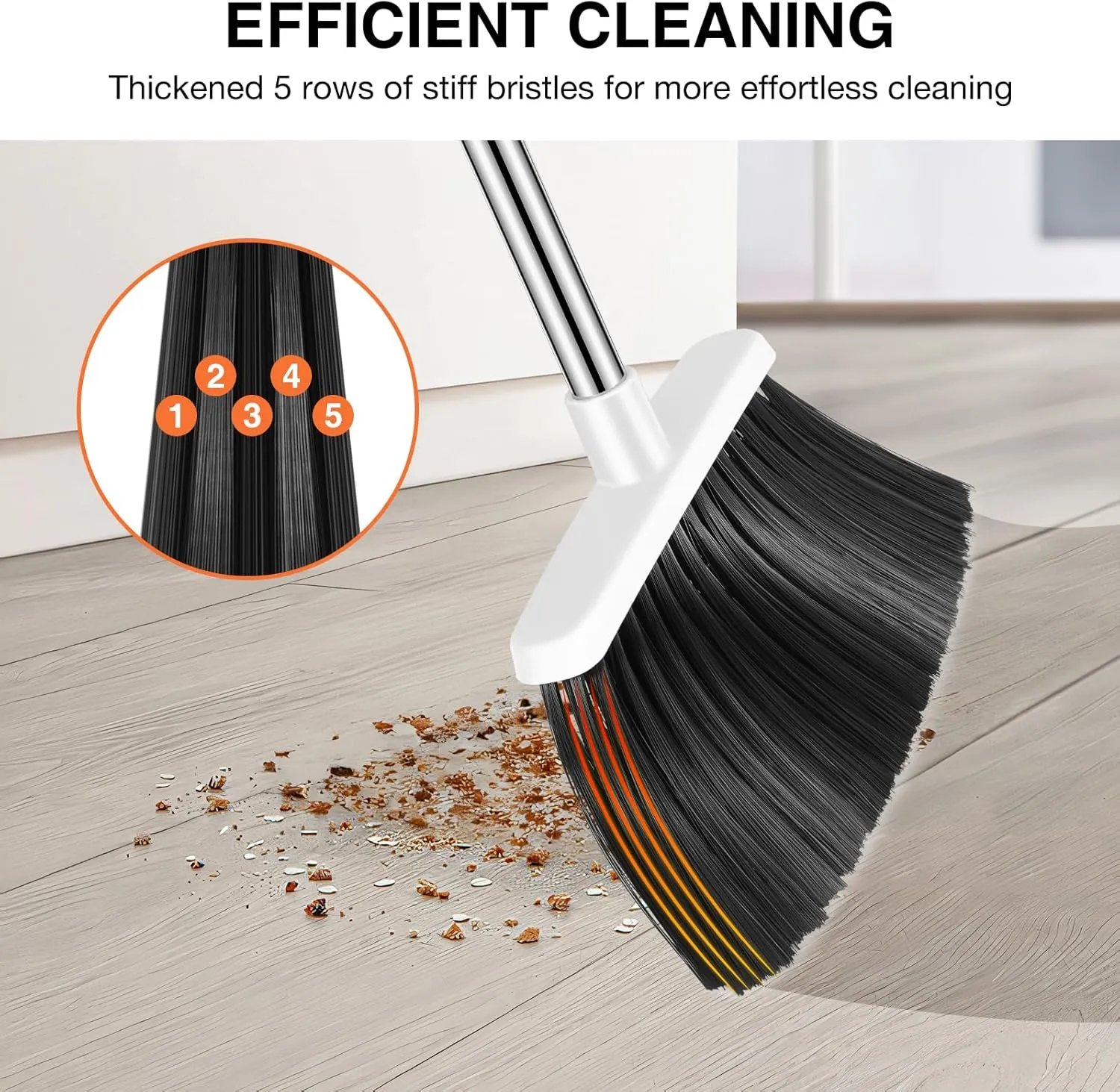 Broom and Dustpan Set, 52-in Long Adjustable Handle Broom Dustpan Combo with Dustpan Teeth to Automatically Clean Hair Suitable for Home Kitchen Office Hall Floor (Grey&White), 2 Pack