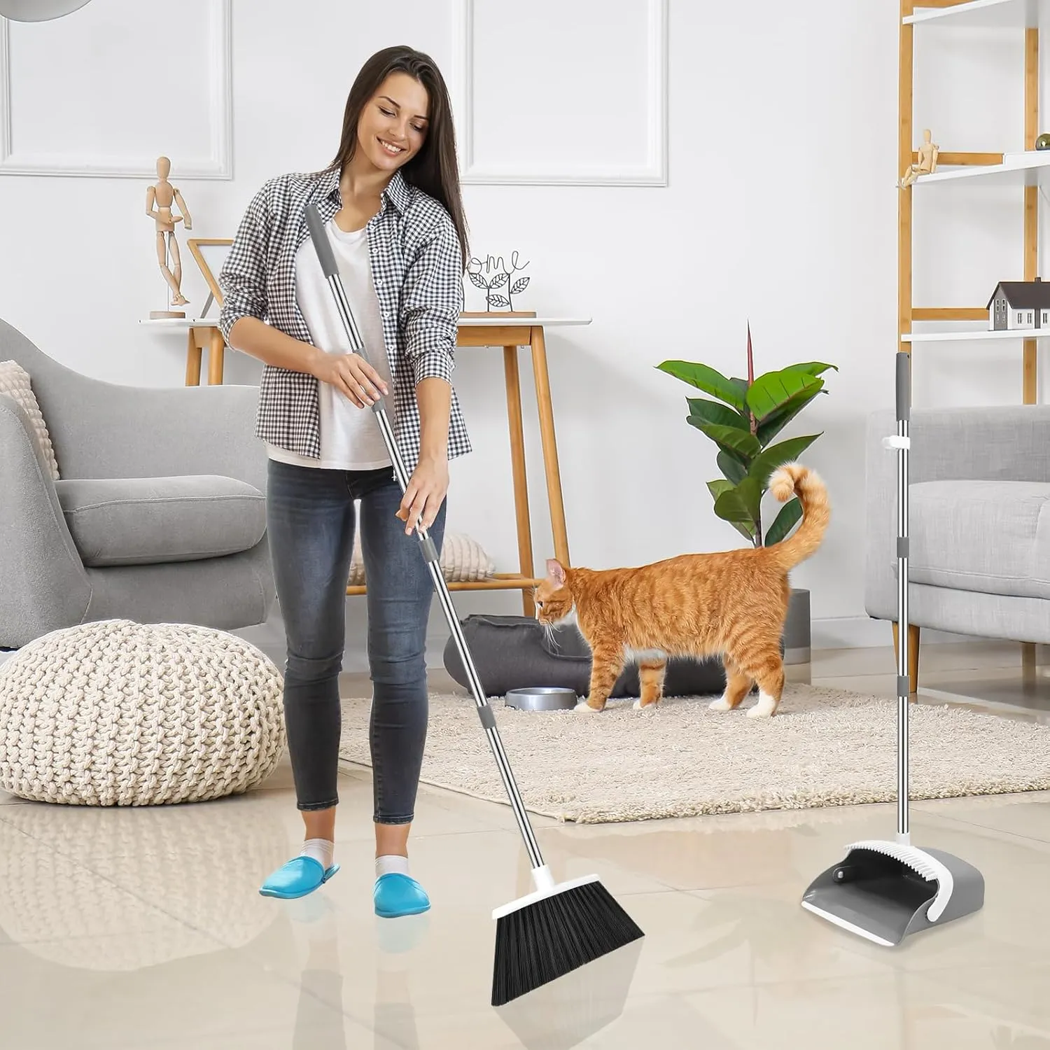 Broom and Dustpan Set, 52-in Long Adjustable Handle Broom Dustpan Combo with Dustpan Teeth to Automatically Clean Hair Suitable for Home Kitchen Office Hall Floor (Grey&White), 2 Pack