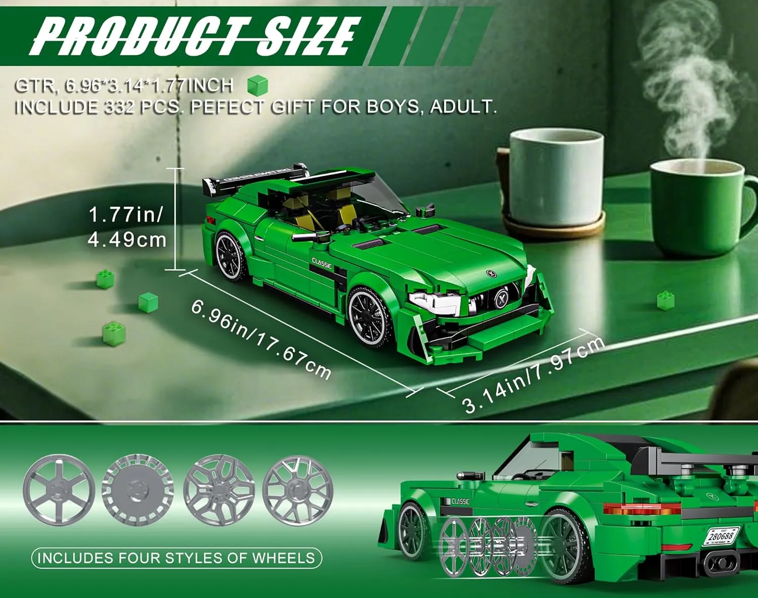 Building-Set Race-Car, Track-Style Super Cars, Classic Sport Speed Technial Model Kit Block with 4 Swappable Wheel Rim, Birthday Gift Toy for Boy Teen Adult Age 8-12 Year Kid 6 , Display