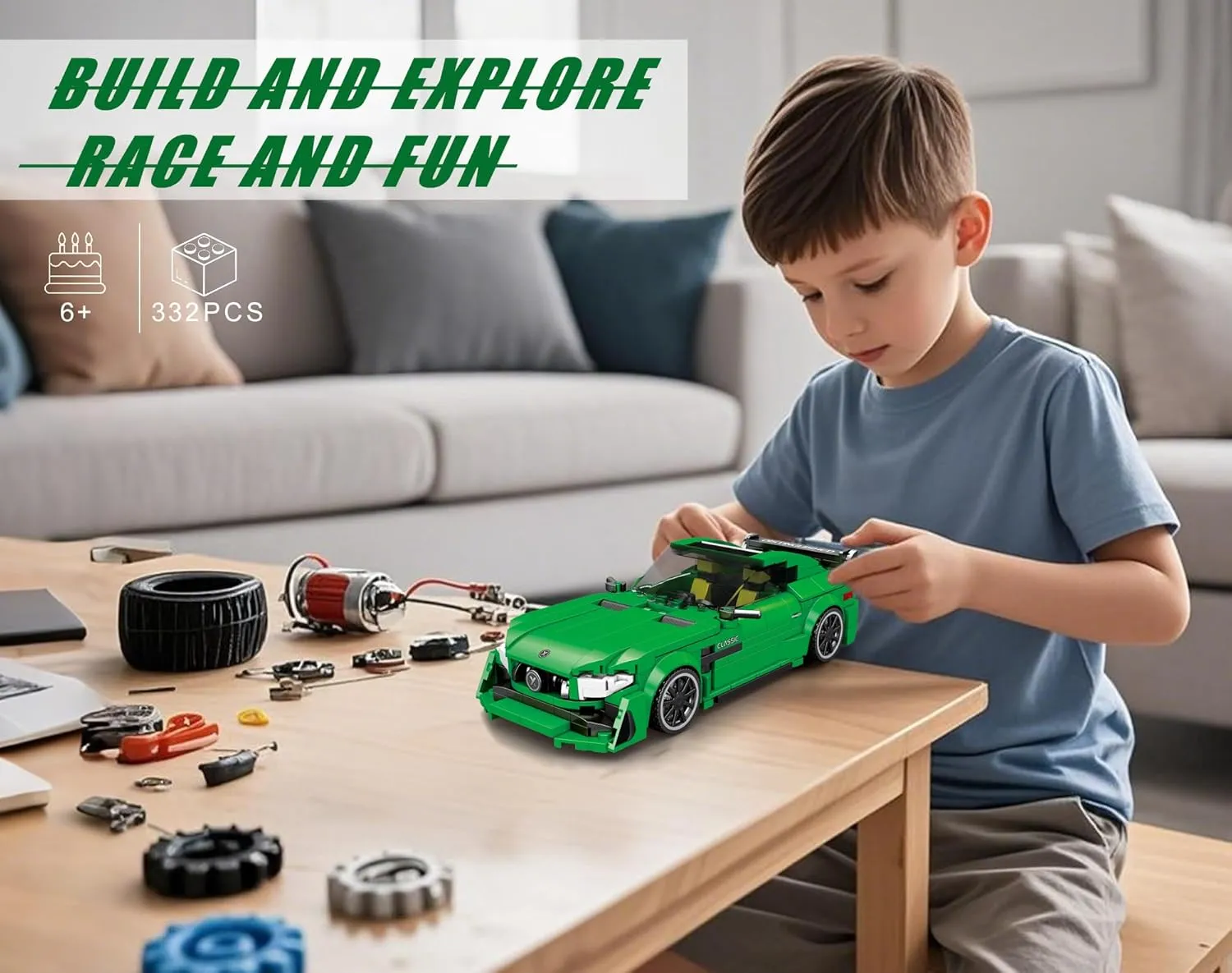 Building-Set Race-Car, Track-Style Super Cars, Classic Sport Speed Technial Model Kit Block with 4 Swappable Wheel Rim, Birthday Gift Toy for Boy Teen Adult Age 8-12 Year Kid 6 , Display