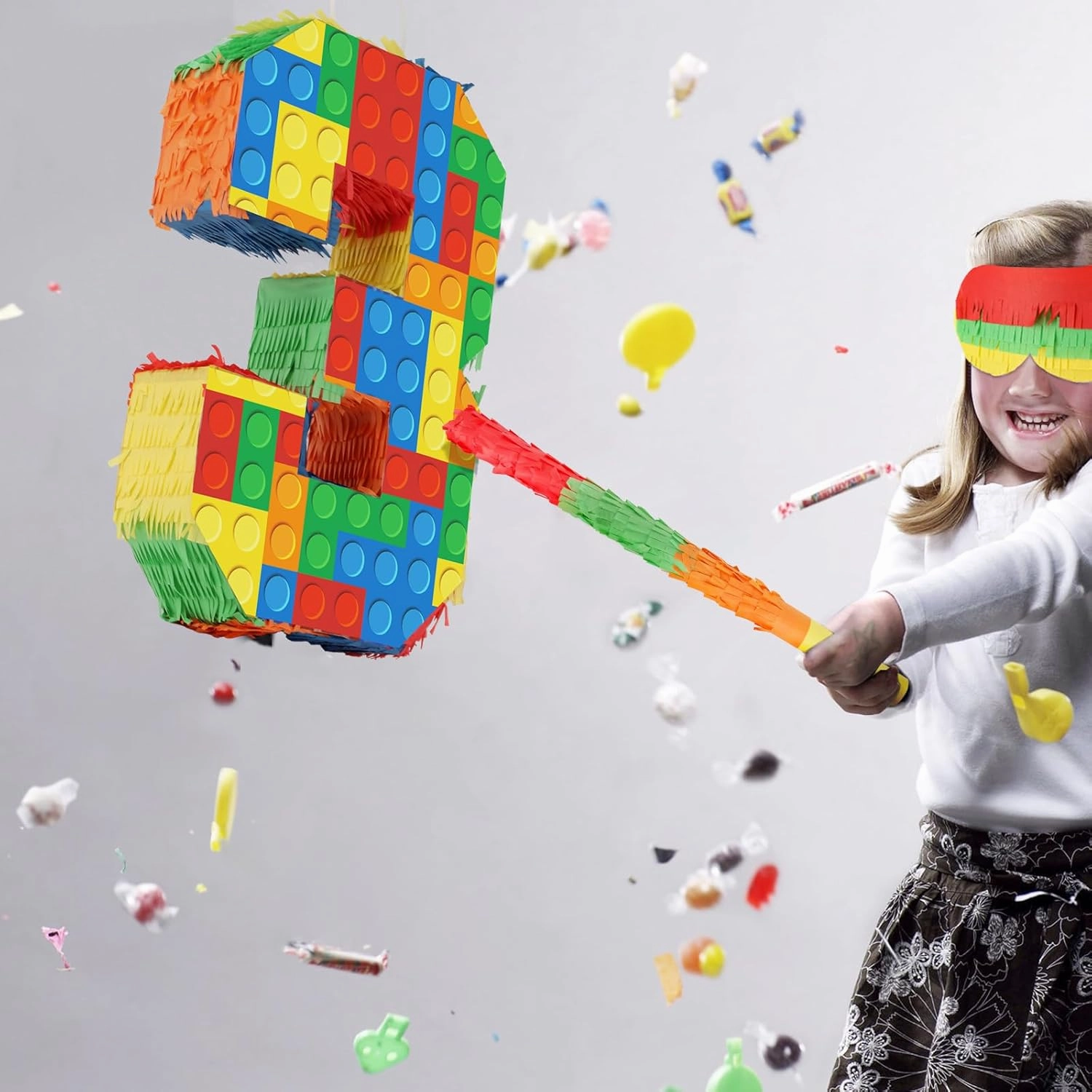 Building Blocks 3rd Birthday Party Decorations Number 3 Pinata with Pinata Stick & Blindfold for Kids Girls Boys Happy Birthday Building Block Theme Party Supplies Carnival Games