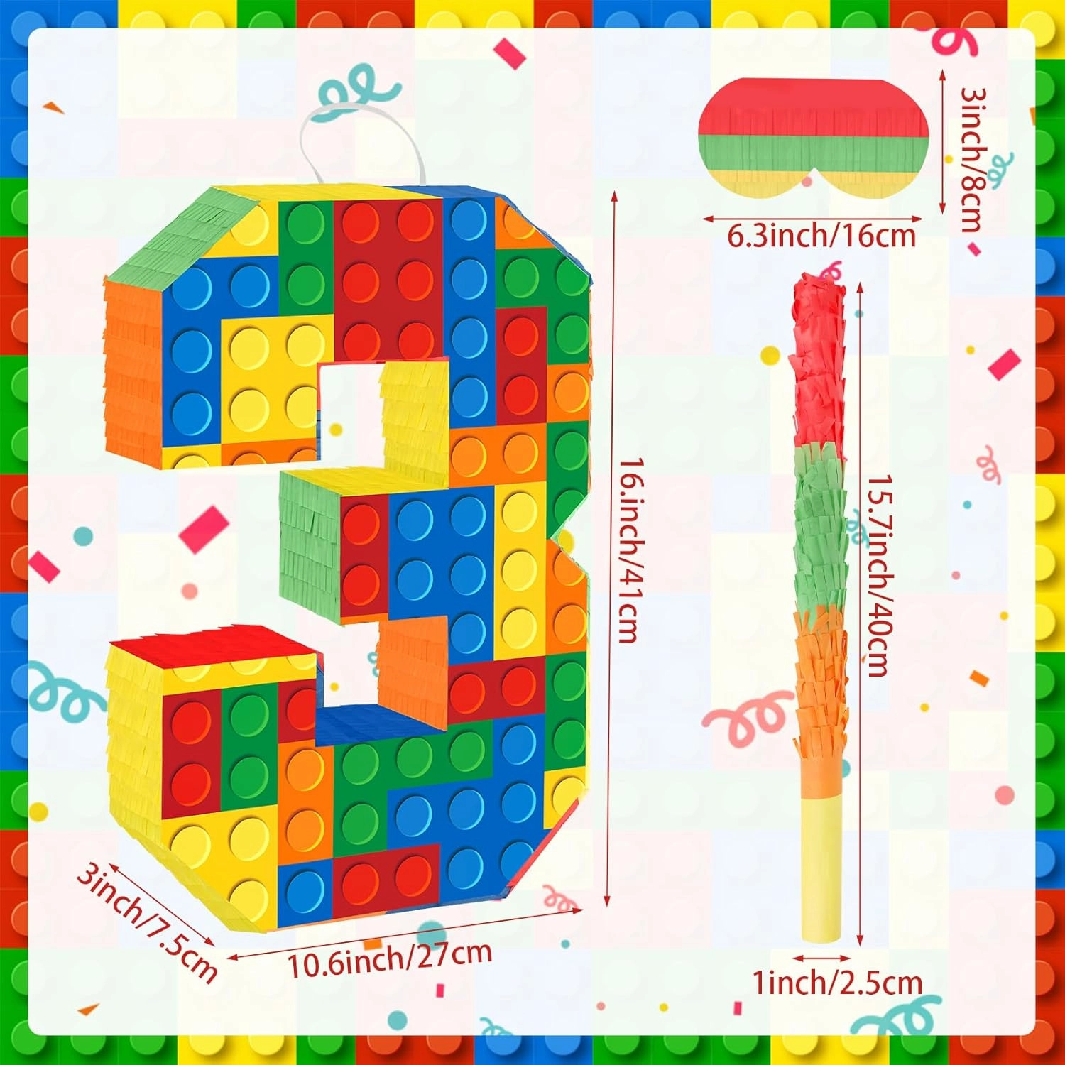 Building Blocks 3rd Birthday Party Decorations Number 3 Pinata with Pinata Stick & Blindfold for Kids Girls Boys Happy Birthday Building Block Theme Party Supplies Carnival Games