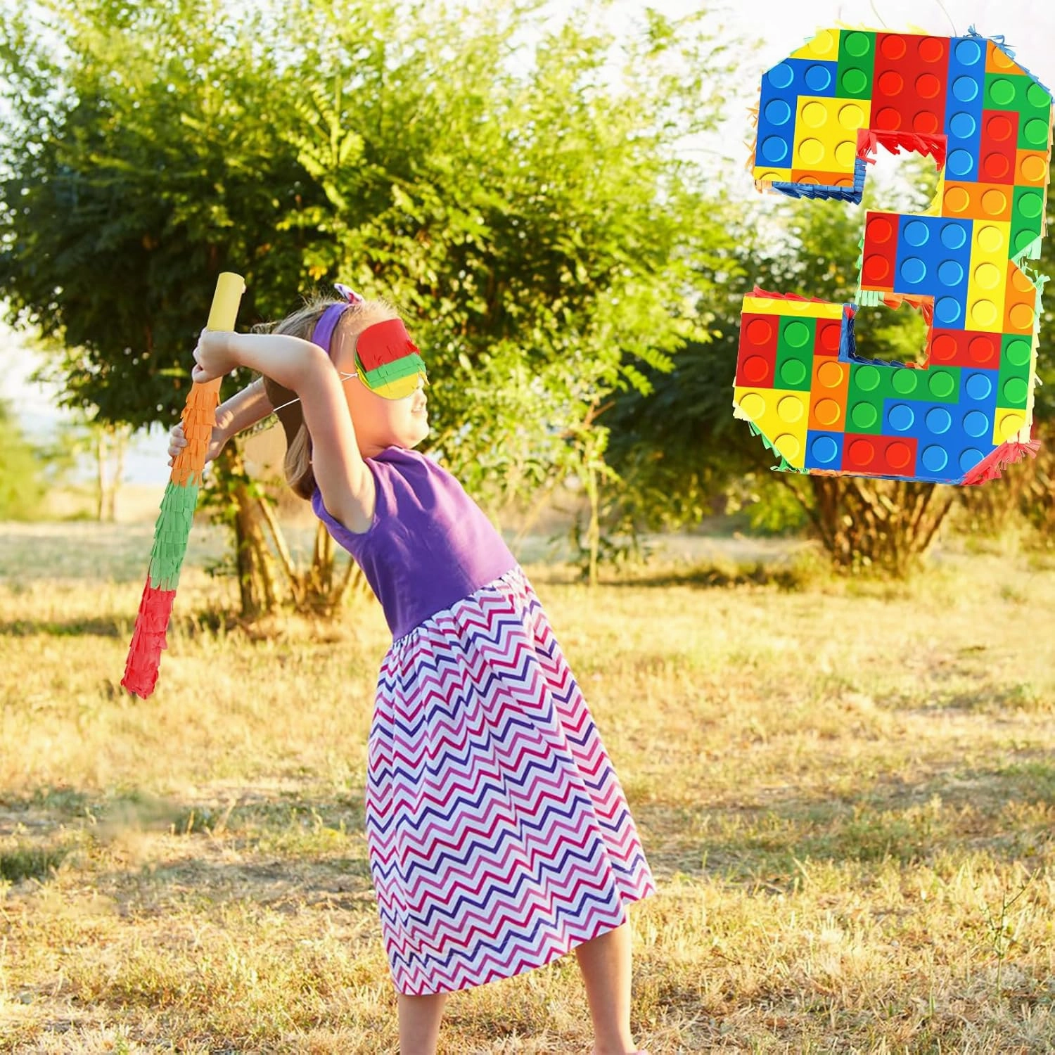 Building Blocks 3rd Birthday Party Decorations Number 3 Pinata with Pinata Stick & Blindfold for Kids Girls Boys Happy Birthday Building Block Theme Party Supplies Carnival Games