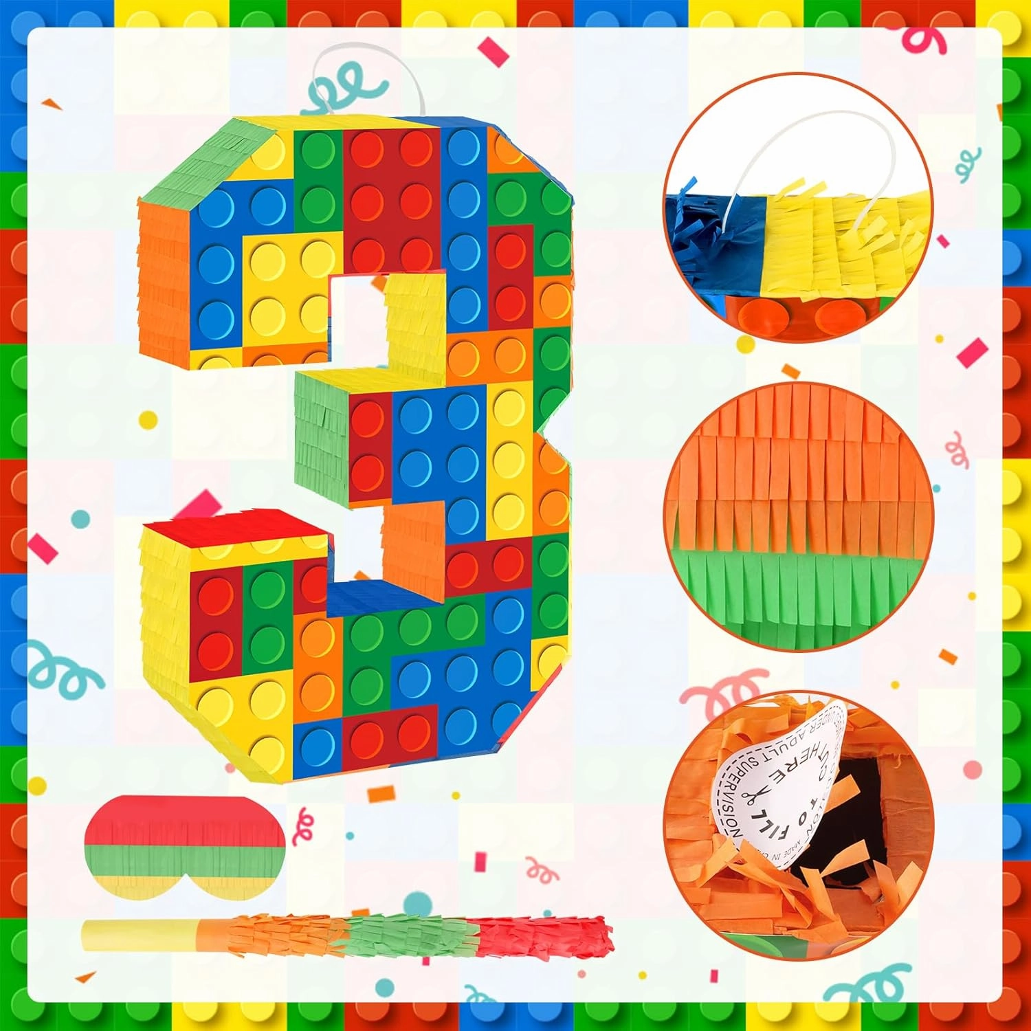 Building Blocks 3rd Birthday Party Decorations Number 3 Pinata with Pinata Stick & Blindfold for Kids Girls Boys Happy Birthday Building Block Theme Party Supplies Carnival Games
