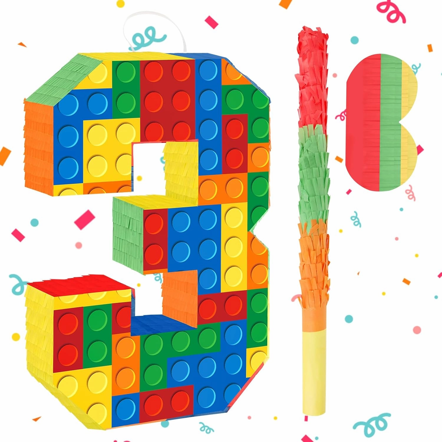 Building Blocks 3rd Birthday Party Decorations Number 3 Pinata with Pinata Stick & Blindfold for Kids Girls Boys Happy Birthday Building Block Theme Party Supplies Carnival Games