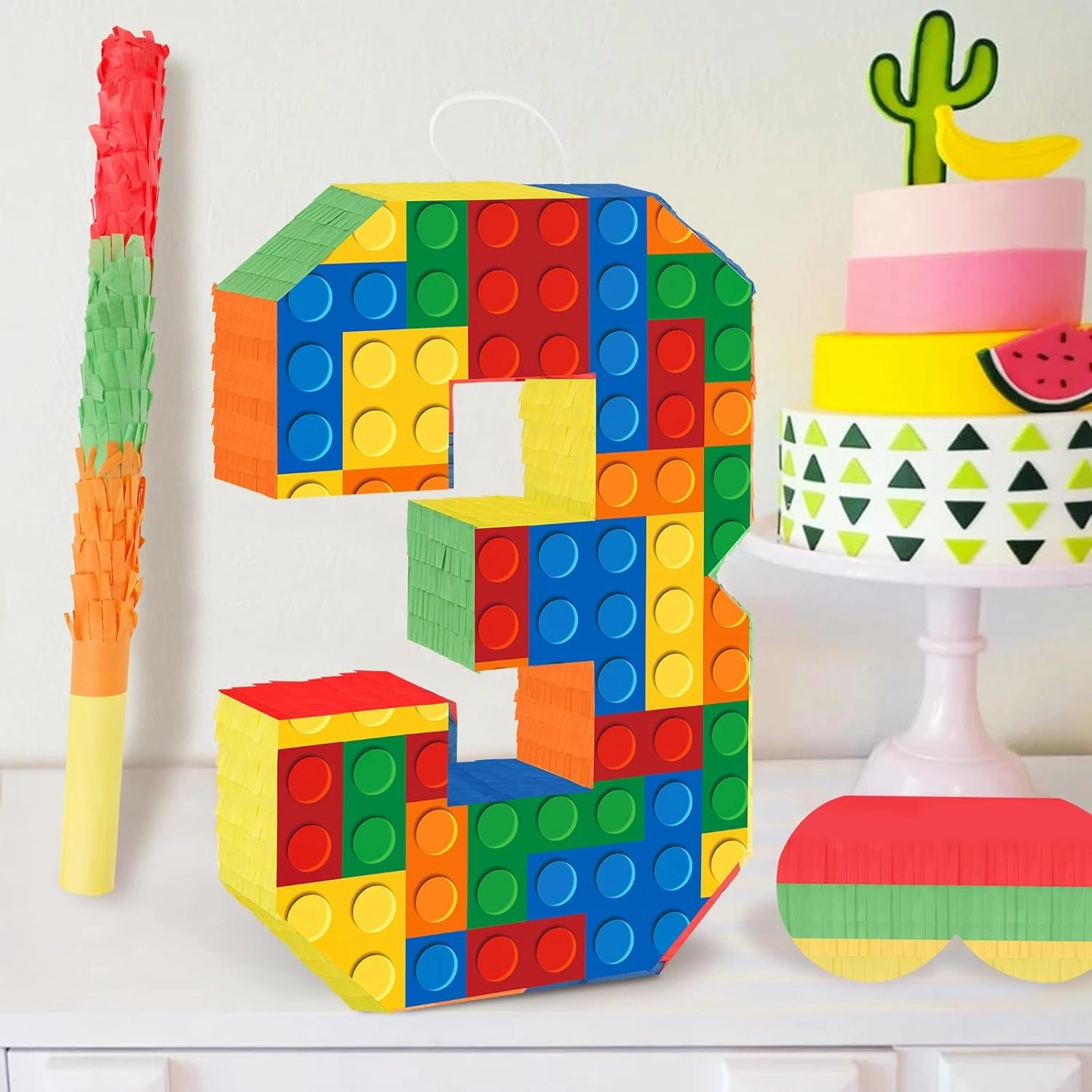 Building Blocks 3rd Birthday Party Decorations Number 3 Pinata with Pinata Stick & Blindfold for Kids Girls Boys Happy Birthday Building Block Theme Party Supplies Carnival Games