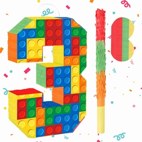 Building Blocks 3rd Birthday Party Decorations Number 3 Pinata with Pinata Stick & Blindfold for Kids Girls Boys Happy Birthday Building Block Theme Party Supplies Carnival Games