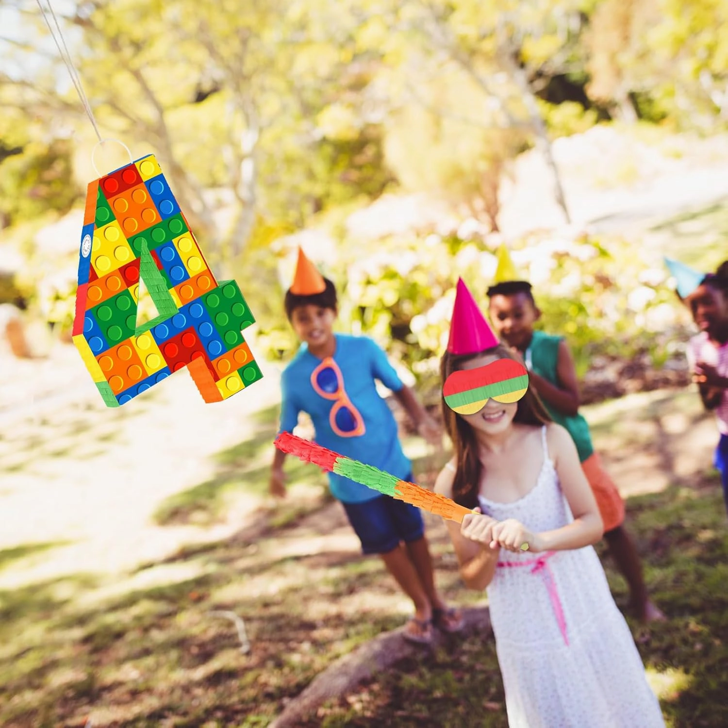 Building Blocks 4th Birthday Party Decorations Number 4 Pinata with Pinata Stick & Blindfold for Kids Girls Boys Happy Birthday Building Block Theme Party Supplies Carnival Games