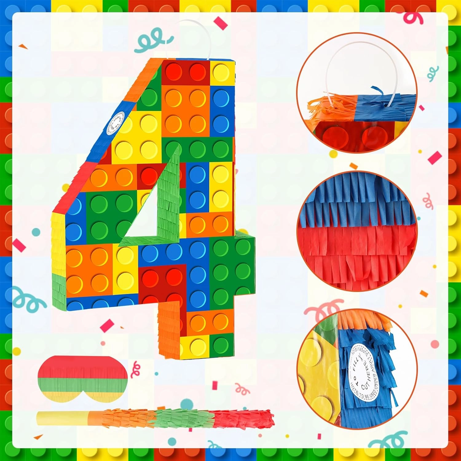 Building Blocks 4th Birthday Party Decorations Number 4 Pinata with Pinata Stick & Blindfold for Kids Girls Boys Happy Birthday Building Block Theme Party Supplies Carnival Games