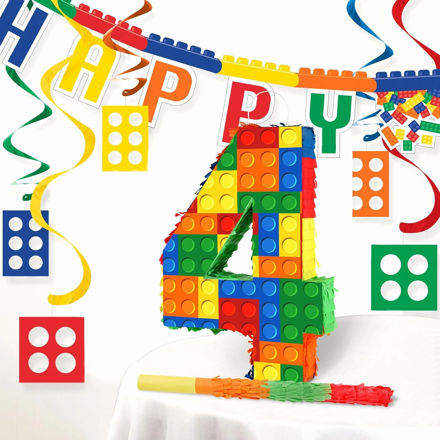 Building Blocks 4th Birthday Party Decorations Number 4 Pinata with Pinata Stick & Blindfold for Kids Girls Boys Happy Birthday Building Block Theme Party Supplies Carnival Games
