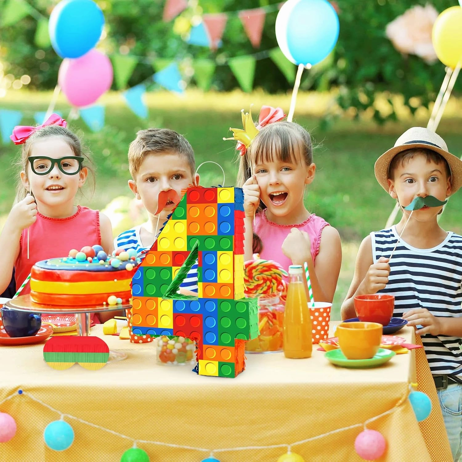 Building Blocks 4th Birthday Party Decorations Number 4 Pinata with Pinata Stick & Blindfold for Kids Girls Boys Happy Birthday Building Block Theme Party Supplies Carnival Games