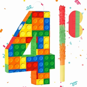 Building Blocks 4th Birthday Party Decorations Number 4 Pinata with Pinata Stick & Blindfold for Kids Girls Boys Happy Birthday Building Block Theme Party Supplies Carnival Games