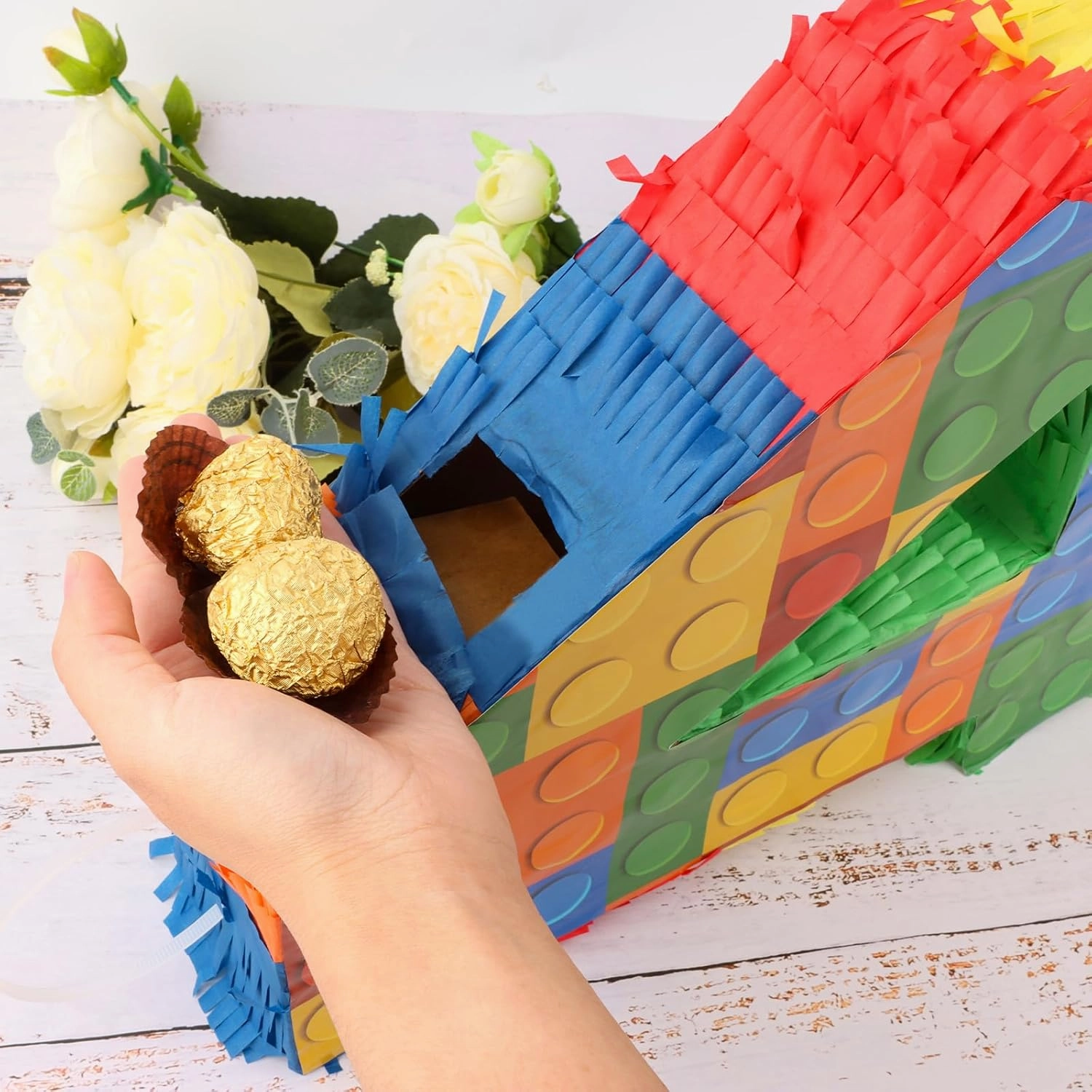 Building Blocks 4th Birthday Party Decorations Number 4 Pinata with Pinata Stick & Blindfold for Kids Girls Boys Happy Birthday Building Block Theme Party Supplies Carnival Games