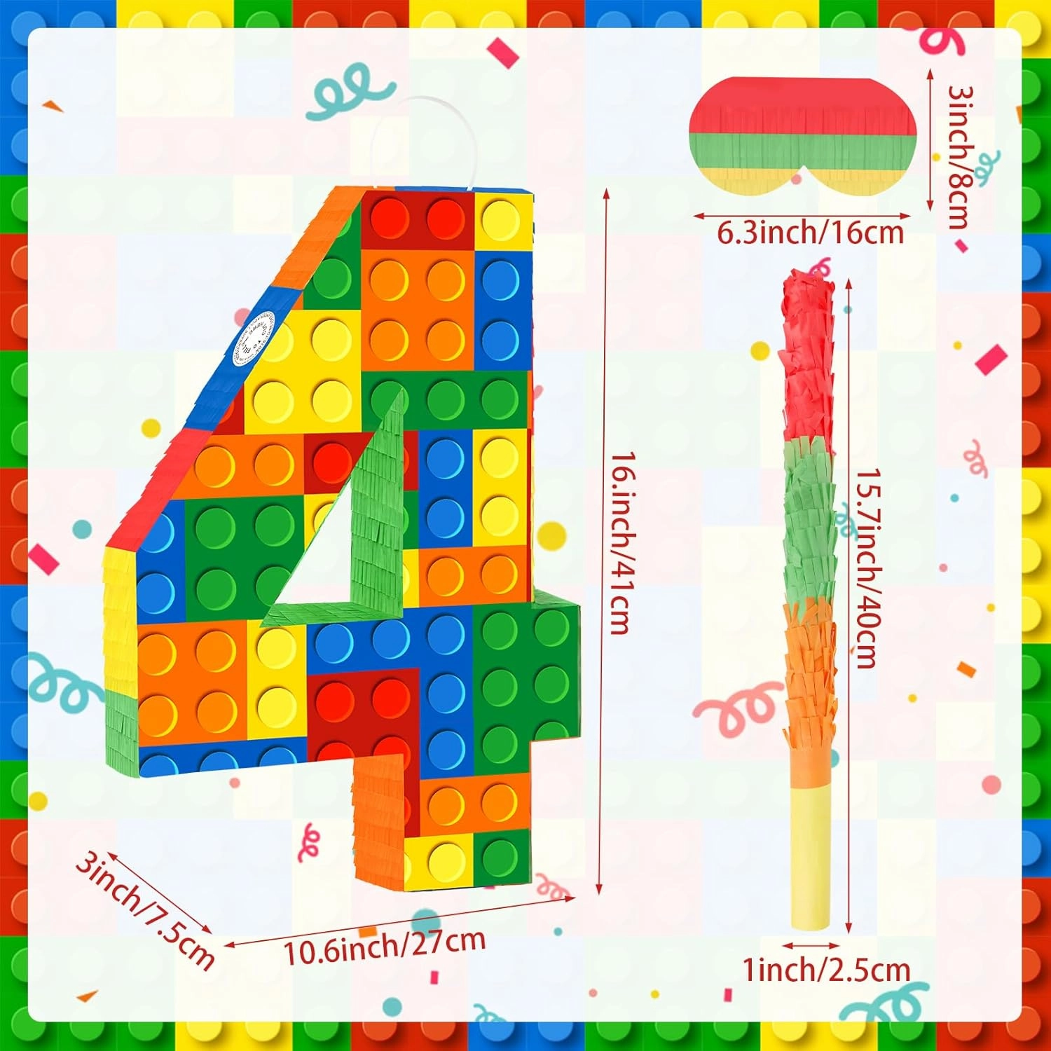 Building Blocks 4th Birthday Party Decorations Number 4 Pinata with Pinata Stick & Blindfold for Kids Girls Boys Happy Birthday Building Block Theme Party Supplies Carnival Games