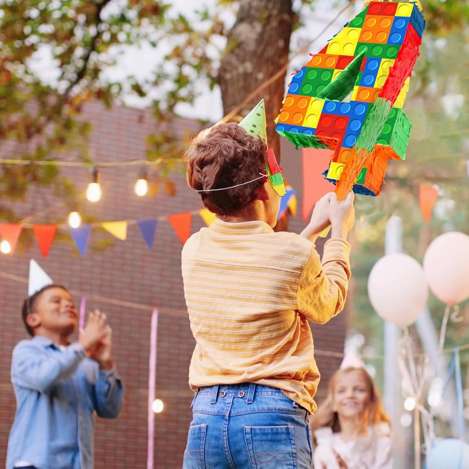 Building Blocks 4th Birthday Party Decorations Number 4 Pinata with Pinata Stick & Blindfold for Kids Girls Boys Happy Birthday Building Block Theme Party Supplies Carnival Games