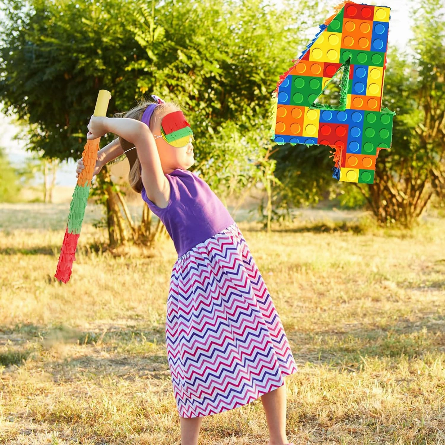 Building Blocks 4th Birthday Party Decorations Number 4 Pinata with Pinata Stick & Blindfold for Kids Girls Boys Happy Birthday Building Block Theme Party Supplies Carnival Games