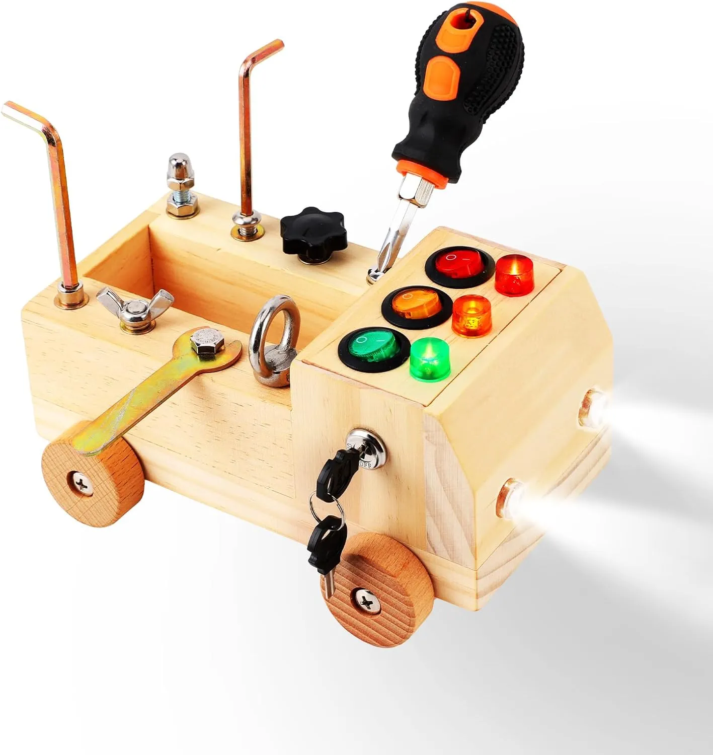 Busy Board with Led Light, Montessori Toys, Wooden Car Busy Board Learning Educational Travel Sensory Toys for 3  Year Old Boy Girl Babies Toddlers Birthday Gifts
