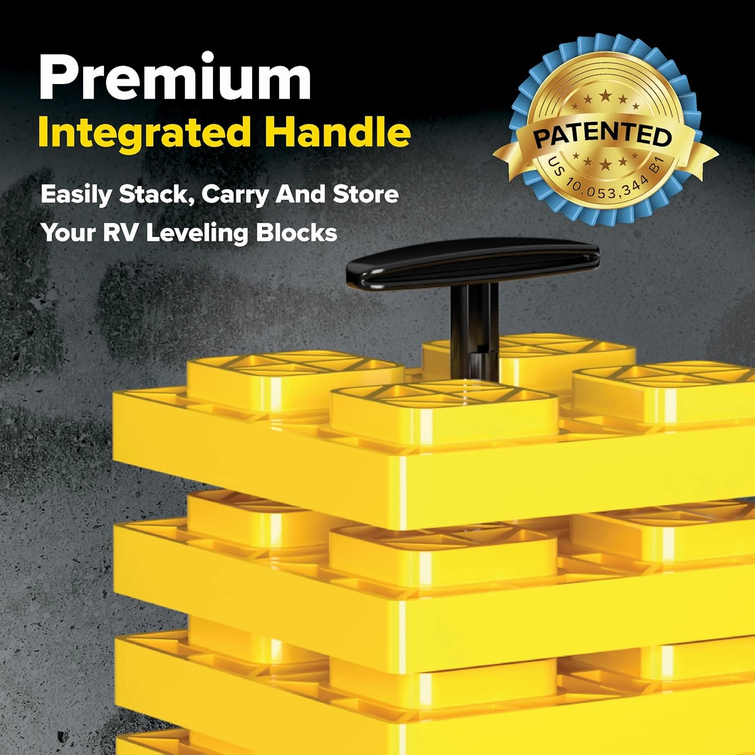 Camco Fasten RV Leveling Blocks - Features Interlocking Design for Customizable Height - Carrying Handle Twists to Secure Blocks for RV Storage - 8.5” x 8.5” x 1”, Yellow, 10-Pack (21022)