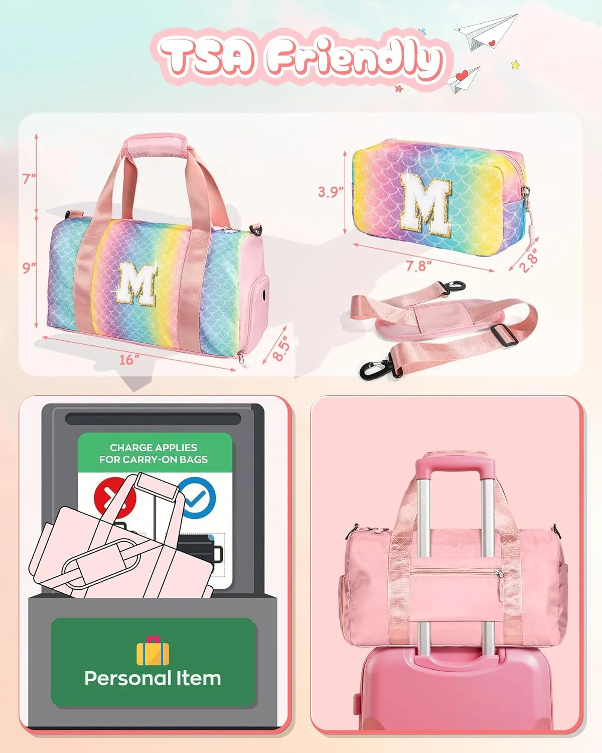 Camp Stuff for Girls Kids-Girl Gym Bag with Shoe Compartment, Kid Personalized Weekender Overnight Bags, Initial Travel Tote with Makeup Pouch, Valentines Day Gift for Girls (Letter R)