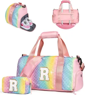 Camp Stuff for Girls Kids-Girl Gym Bag with Shoe Compartment, Kid Personalized Weekender Overnight Bags, Initial Travel Tote with Makeup Pouch, Valentines Day Gift for Girls (Letter R)