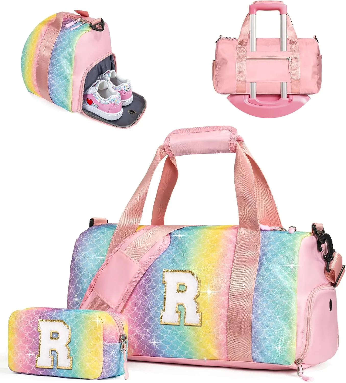 Camp Stuff for Girls Kids-Girl Gym Bag with Shoe Compartment, Kid Personalized Weekender Overnight Bags, Initial Travel Tote with Makeup Pouch, Valentines Day Gift for Girls (Letter R)