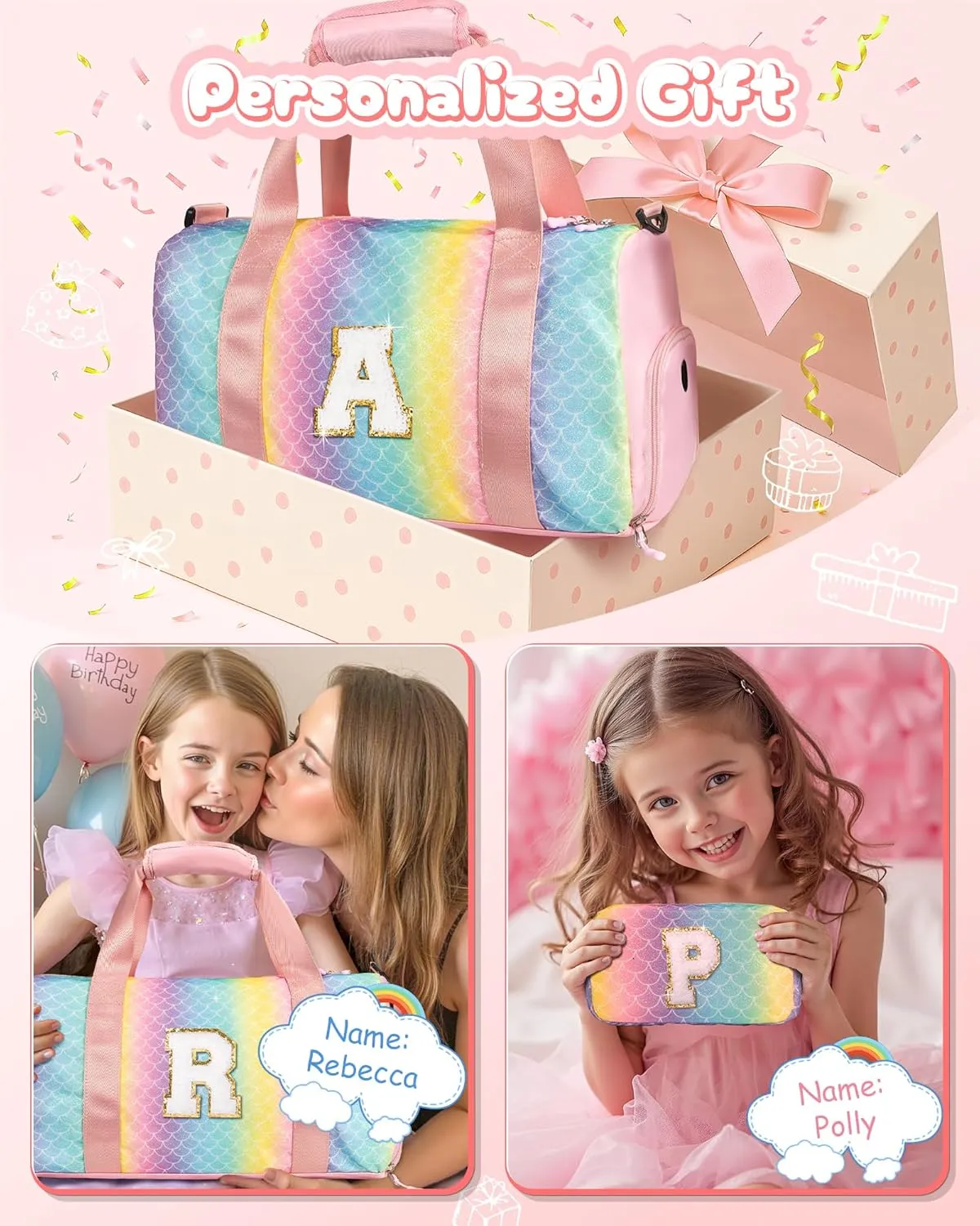 Camp Stuff for Girls Kids-Girl Gym Bag with Shoe Compartment, Kid Personalized Weekender Overnight Bags, Initial Travel Tote with Makeup Pouch, Valentines Day Gift for Girls (Letter R)