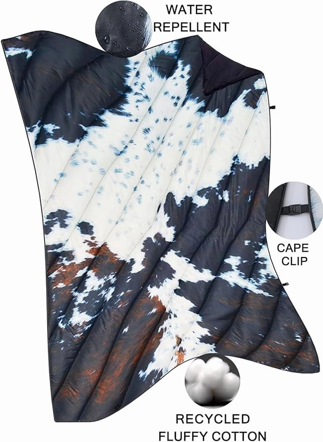 Camping Blanket, Puffy Waterproof Travel Blanket, Warm Cozy Picnic Blanket, for Outdoors, Travel, and Mountain.(Cow, 55" x 39")