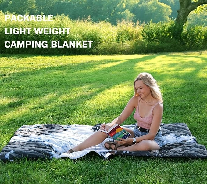Camping Blanket, Puffy Waterproof Travel Blanket, Warm Cozy Picnic Blanket, for Outdoors, Travel, and Mountain.(Cow, 55" x 39")