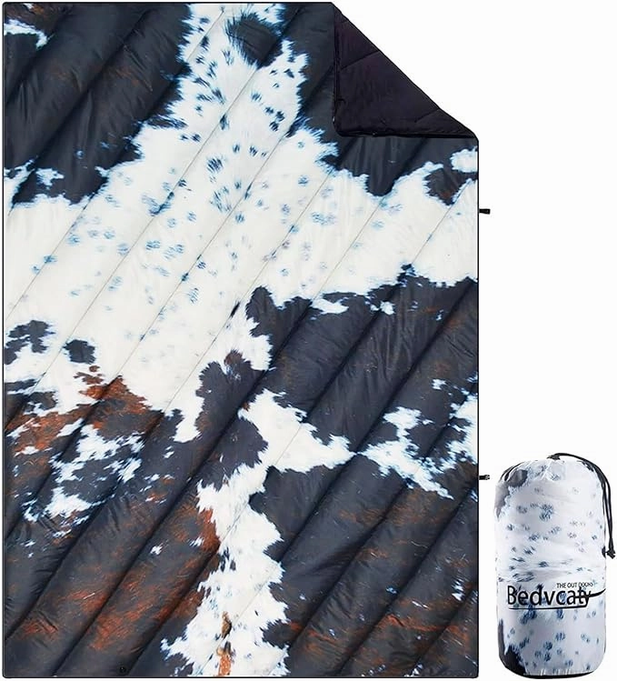 Camping Blanket, Puffy Waterproof Travel Blanket, Warm Cozy Picnic Blanket, for Outdoors, Travel, and Mountain.(Cow, 55" x 39")