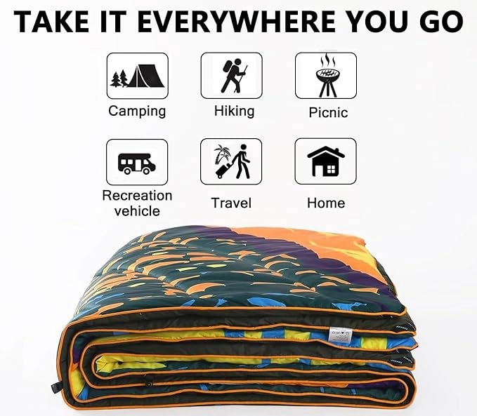 Camping Blanket, Puffy Waterproof Travel Blanket, Warm Cozy Picnic Blanket, for Outdoors, Travel, and Mountain.(Mountain, 78" x 56")
