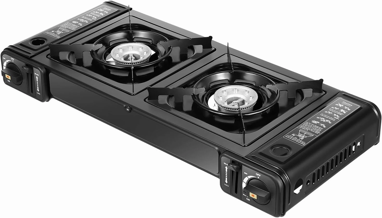 Camping Stove 2 Burners, Portable Camping Cooktop with Grill Tray and Carrying Case, 2-in-1 Butane Camping Stove, 2 x 3900 BTUs, Auto Ignition, for Grilling Outdoor Cooking