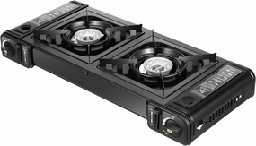 Camping Stove 2 Burners, Portable Camping Cooktop with Grill Tray and Carrying Case, 2-in-1 Butane Camping Stove, 2 x 3900 BTUs, Auto Ignition, for Grilling Outdoor Cooking
