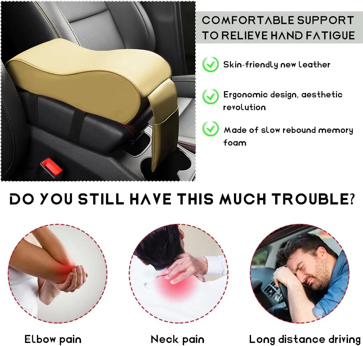 Car Armrest Cushion, Soft Memory Foam Car Center Console Cover, Skin-Friendly Waterproof PU Leather Car Center Console Armrest Pillow with Storage Bag, Car Interior Accessories (Beige)