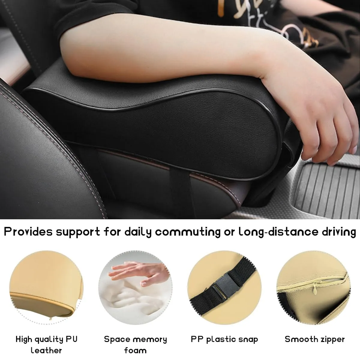 Car Armrest Cushion, Soft Memory Foam Car Center Console Cover, Skin-Friendly Waterproof PU Leather Car Center Console Armrest Pillow with Storage Bag, Car Interior Accessories (Beige)