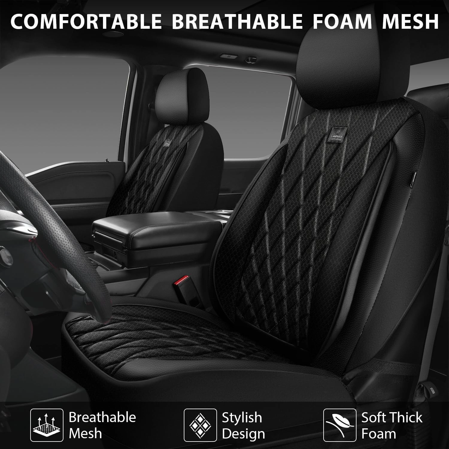 CAR PASS Thick Foam 3D Air Mesh Leather Car Seat Covers Front Seats Only, Luxury Breathable Premuim PU Leather Two Front Seat Covers,Airbag Compatible Universal Fit for 95% Sedan Van Truck SUV, Black
