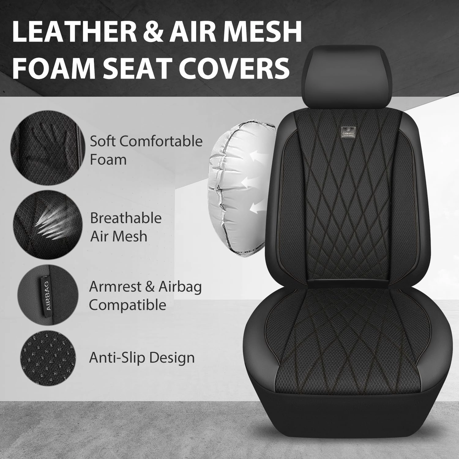 CAR PASS Thick Foam 3D Air Mesh Leather Car Seat Covers Front Seats Only, Luxury Breathable Premuim PU Leather Two Front Seat Covers,Airbag Compatible Universal Fit for 95% Sedan Van Truck SUV, Black