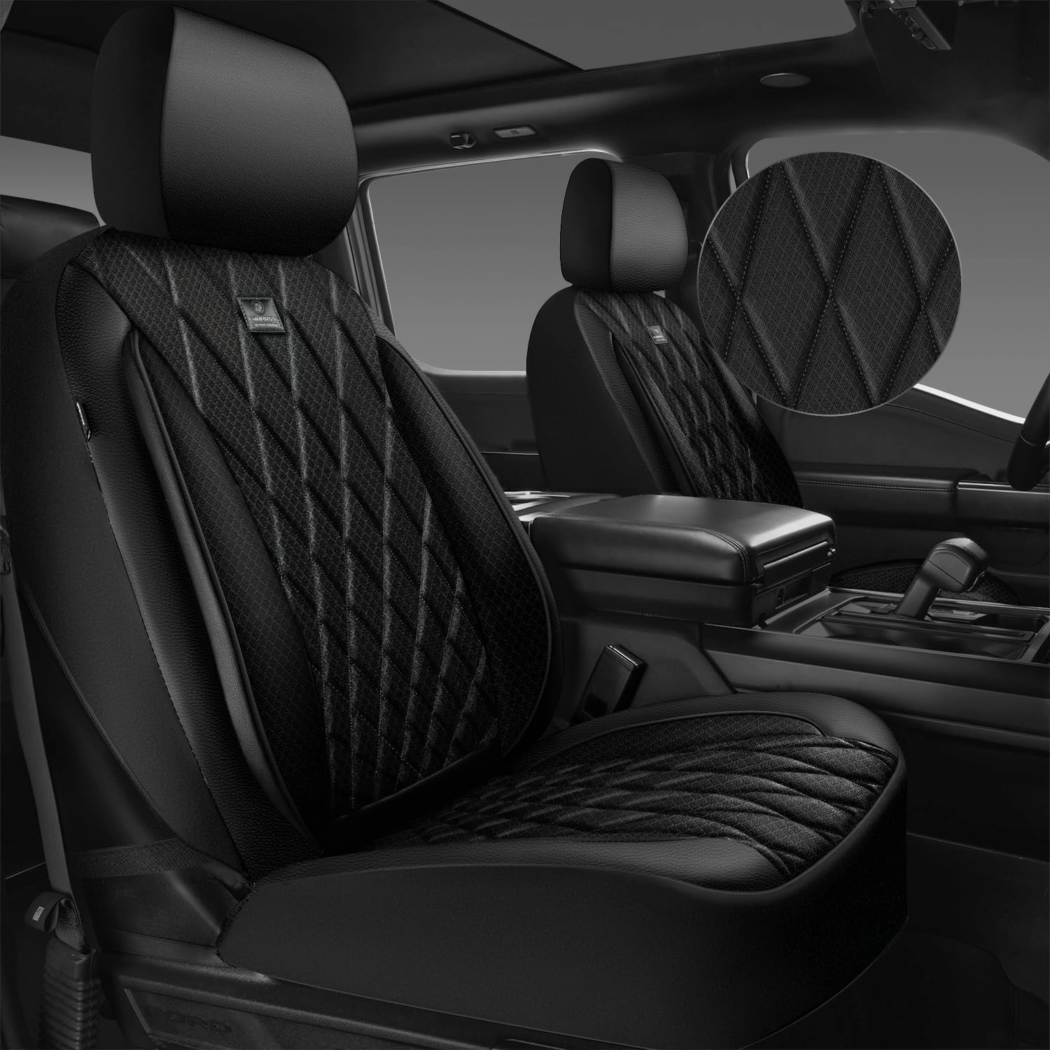 CAR PASS Thick Foam 3D Air Mesh Leather Car Seat Covers Front Seats Only, Luxury Breathable Premuim PU Leather Two Front Seat Covers,Airbag Compatible Universal Fit for 95% Sedan Van Truck SUV, Black