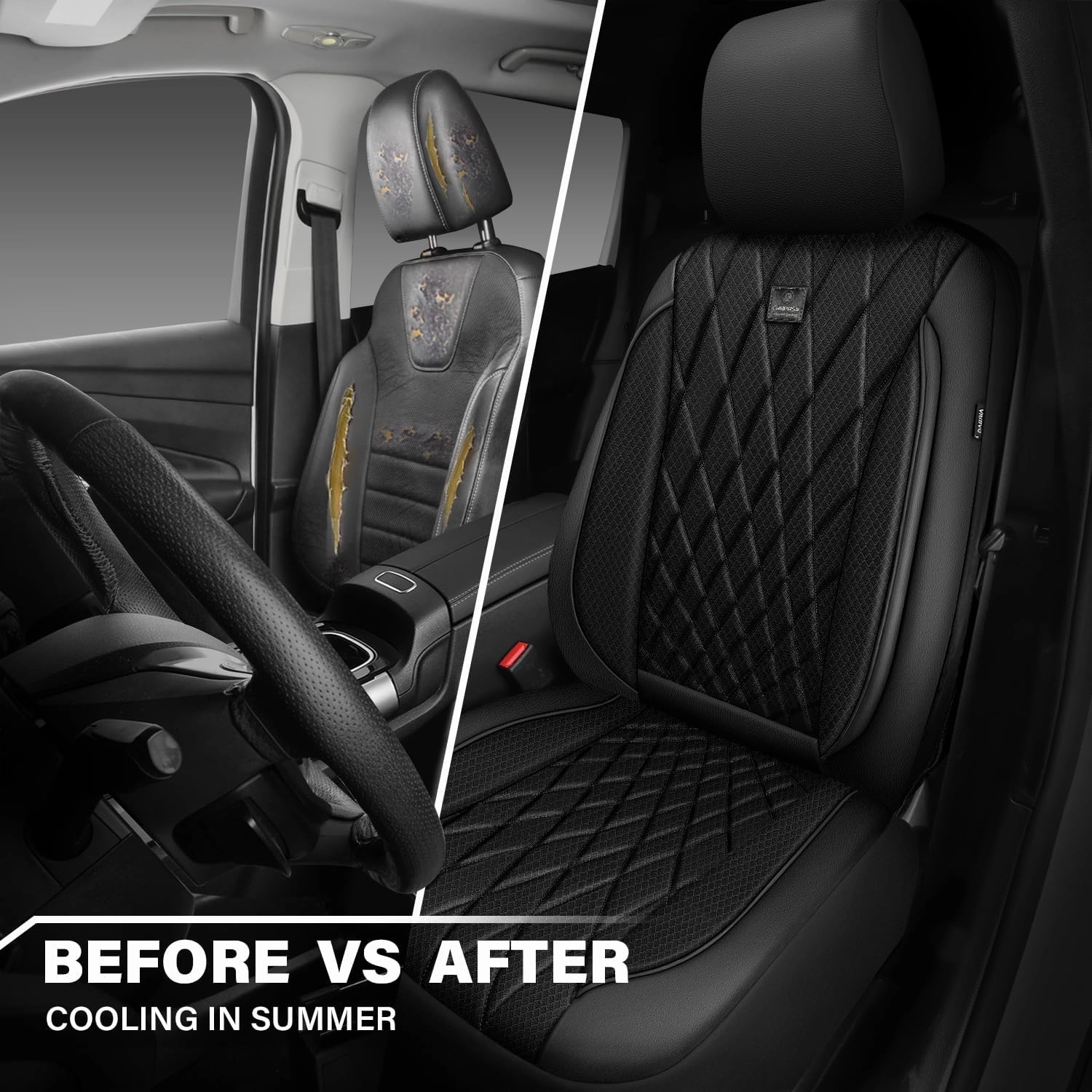 CAR PASS Thick Foam 3D Air Mesh Leather Car Seat Covers Front Seats Only, Luxury Breathable Premuim PU Leather Two Front Seat Covers,Airbag Compatible Universal Fit for 95% Sedan Van Truck SUV, Black