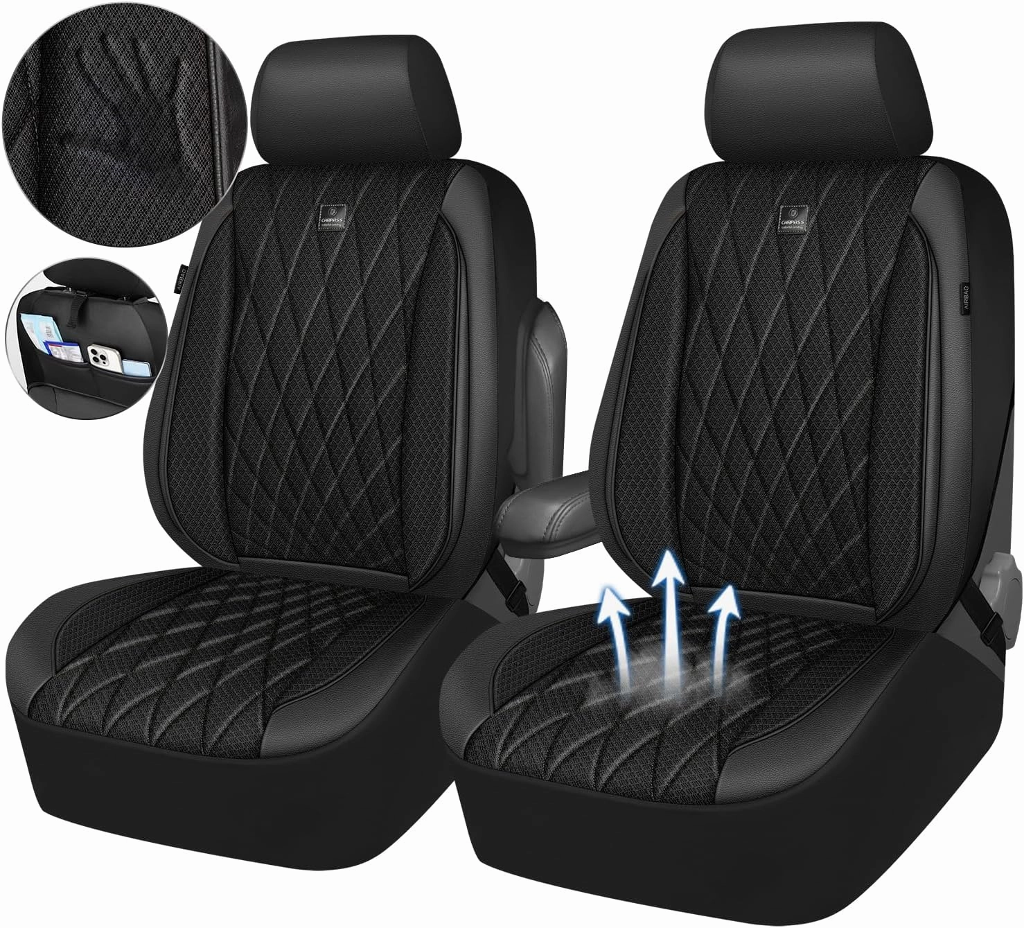 CAR PASS Thick Foam 3D Air Mesh Leather Car Seat Covers Front Seats Only, Luxury Breathable Premuim PU Leather Two Front Seat Covers,Airbag Compatible Universal Fit for 95% Sedan Van Truck SUV, Black