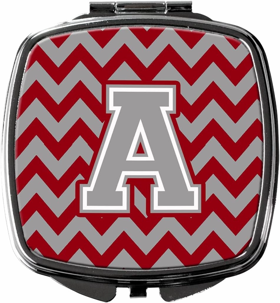 Caroline's Treasures CJ1043-ASCM Letter A Chevron Crimson and Grey Compact Mirror Decorative Travel Makeup Mirror for Women Girls Gifts Pocket Makeup Mirror Folding Handheld
