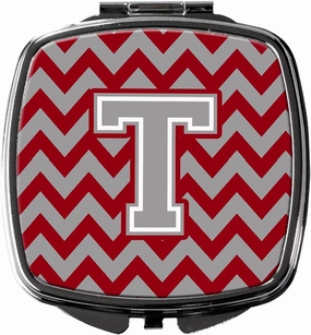 Caroline's Treasures CJ1043-TSCM Letter T Chevron Crimson and Grey Compact Mirror Decorative Travel Makeup Mirror for Women Girls Gifts Pocket Makeup Mirror Folding Handheld