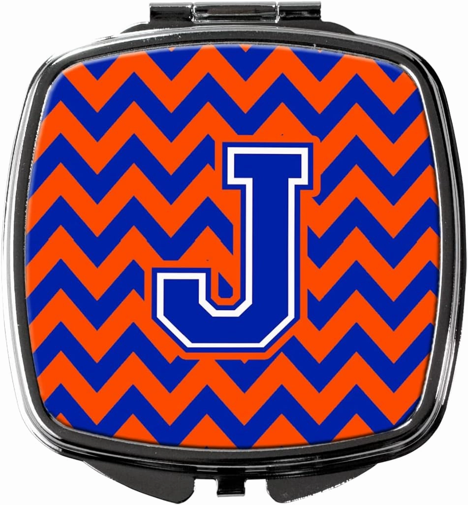 Caroline's Treasures CJ1044-JSCM Letter J Chevron Orange and Blue Compact Mirror Decorative Travel Makeup Mirror for Women Girls Gifts Pocket Makeup Mirror Folding Handheld