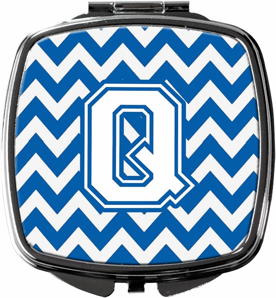 Caroline's Treasures CJ1045-QSCM Letter Q Chevron Blue and White Compact Mirror Decorative Travel Makeup Mirror for Women Girls Gifts Pocket Makeup Mirror Folding Handheld